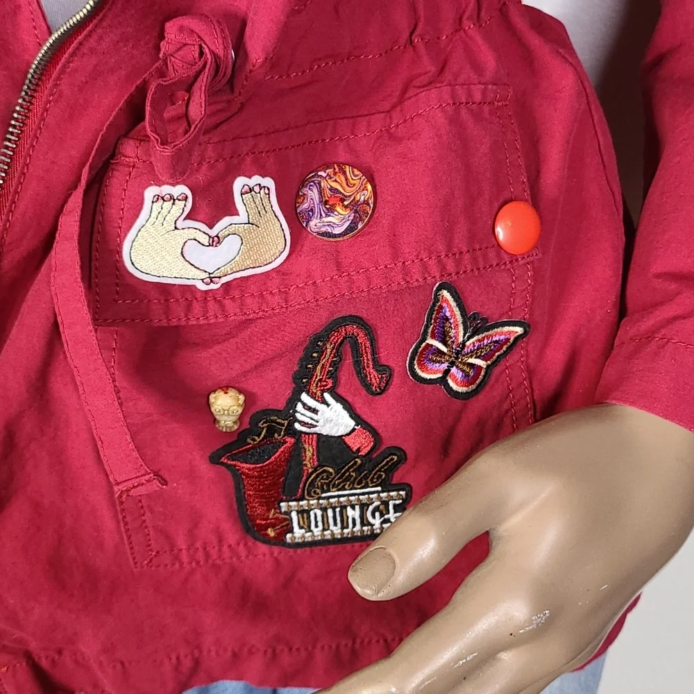 Jacket Size Medium Burgundy Red Cotton Hoodie Upcycled Patches Unique Gift Fun - Picture 3 of 9